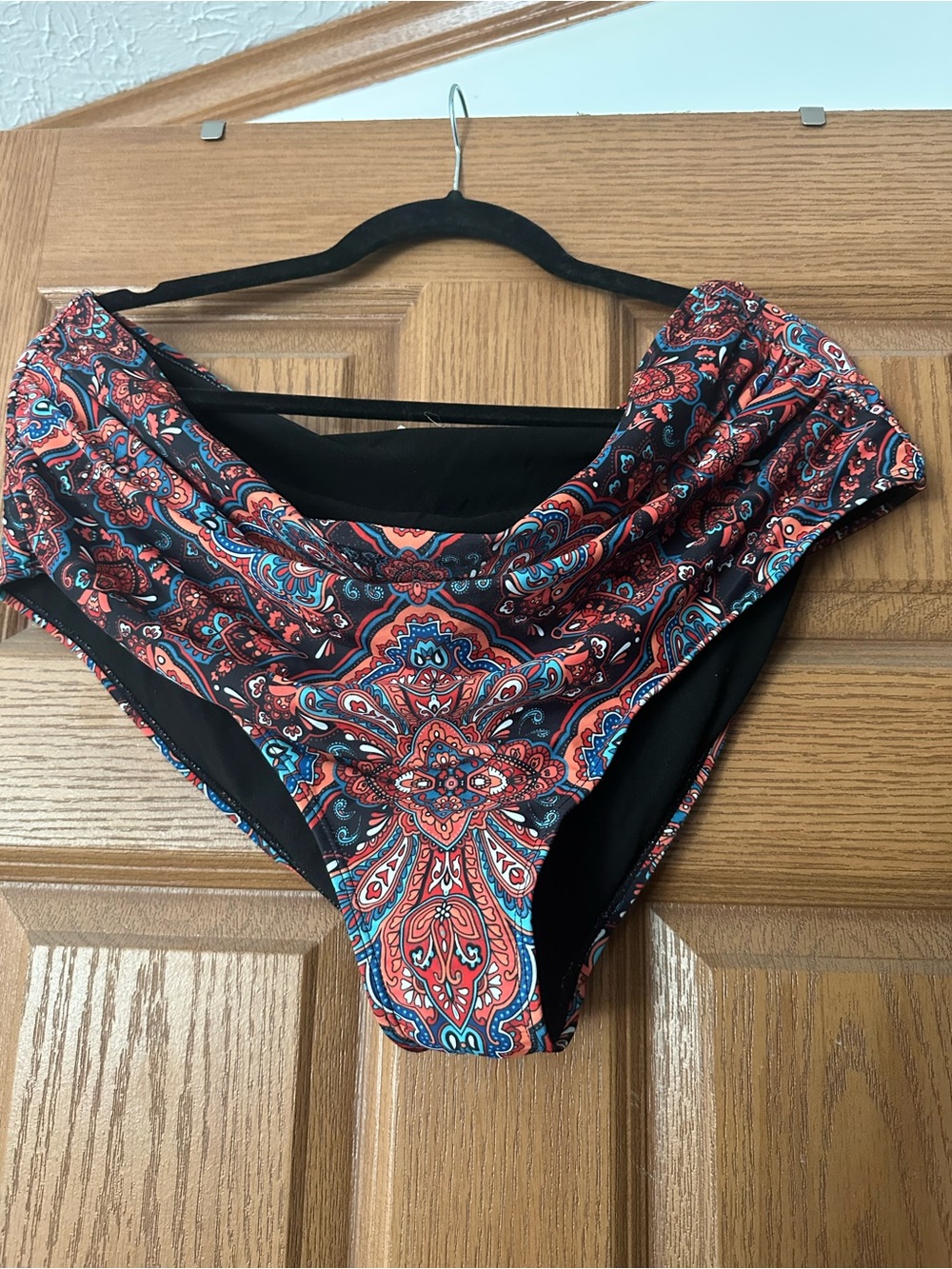 BloomChic Black and Coral Paisley High-Waist Swim Bottoms